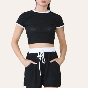 Ribbed Contrast Waistband Top And Short Set - Image 4