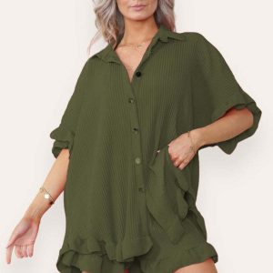 Women Casual Oversized Gold Button Pleated Frilled Ruffle Short Sleeves Shirt Top And Short Co Ord Set - Image 5