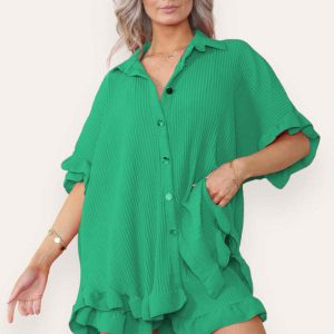 Women Casual Oversized Gold Button Pleated Frilled Ruffle Short Sleeves Shirt Top And Short Co Ord Set - Image 6