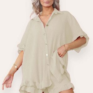 Women Casual Oversized Gold Button Pleated Frilled Ruffle Short Sleeves Shirt Top And Short Co Ord Set - Image 10