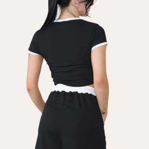 Ribbed Contrast Waistband Top And Short Set - Image 3