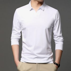 Men's Solid Color Shirt Casual Cotton Lapel Long Sleeve Top - Image 3