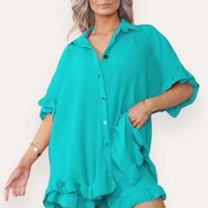 Women Casual Oversized Gold Button Pleated Frilled Ruffle Short Sleeves Shirt Top And Short Co Ord Set - Image 8