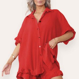Women Casual Oversized Gold Button Pleated Frilled Ruffle Short Sleeves Shirt Top And Short Co Ord Set - Image 4