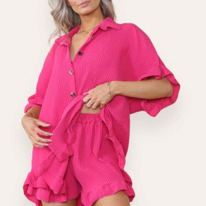Women Casual Oversized Gold Button Pleated Frilled Ruffle Short Sleeves Shirt Top And Short Co Ord Set - Image 7