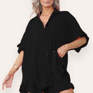 Women Casual Oversized Gold Button Pleated Frilled Ruffle Short Sleeves Shirt Top And Short Co Ord Set - Image 9