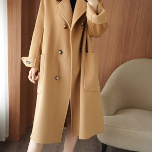 Long Below-the-Knee Double-Breasted Wool Coat In Korean Style - Image 7