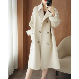 Long Below-the-Knee Double-Breasted Wool Coat In Korean Style - Image 4